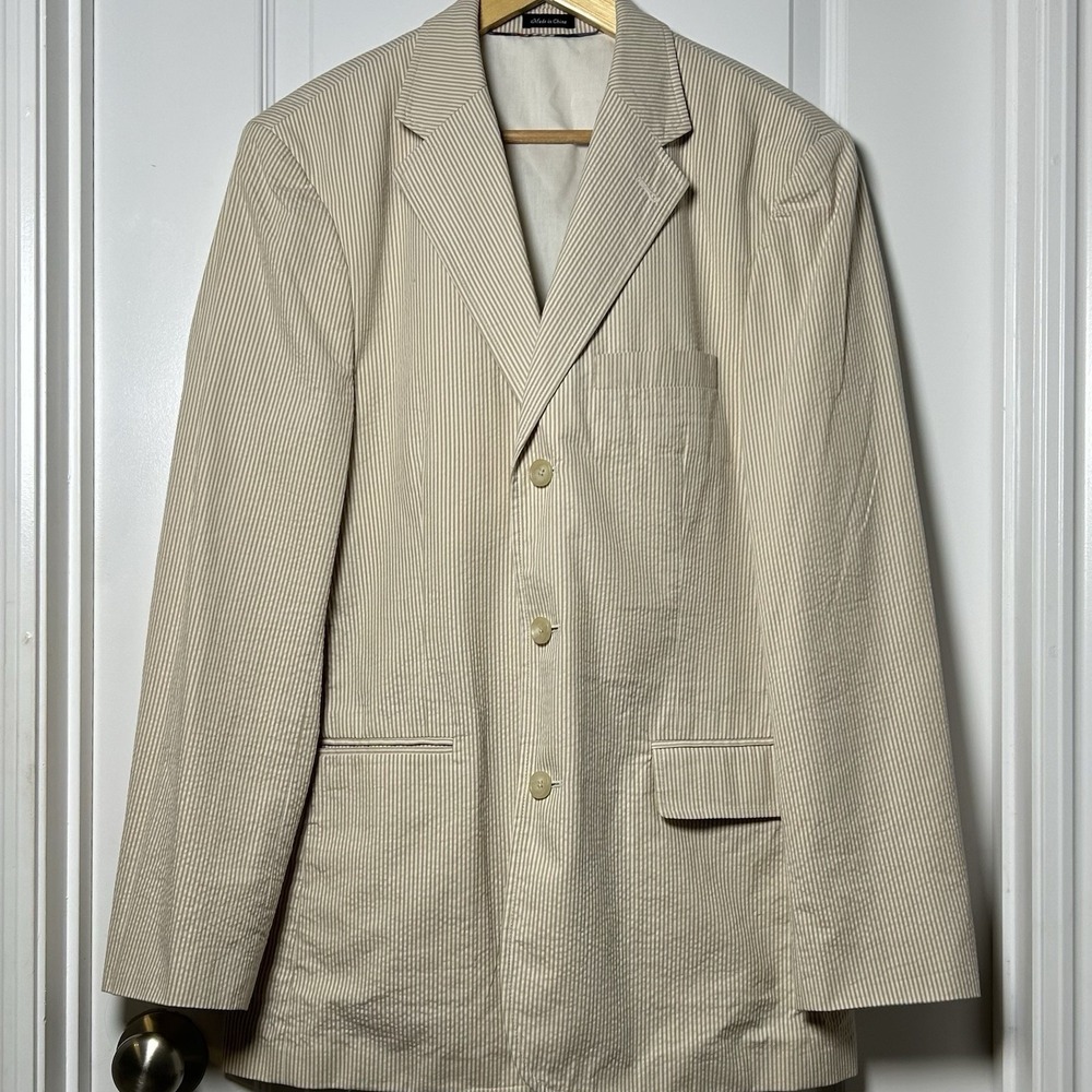 J.Crew Khaki Stripe Cotton Seersucker Blazer Preppy Ivy League Heritage Style